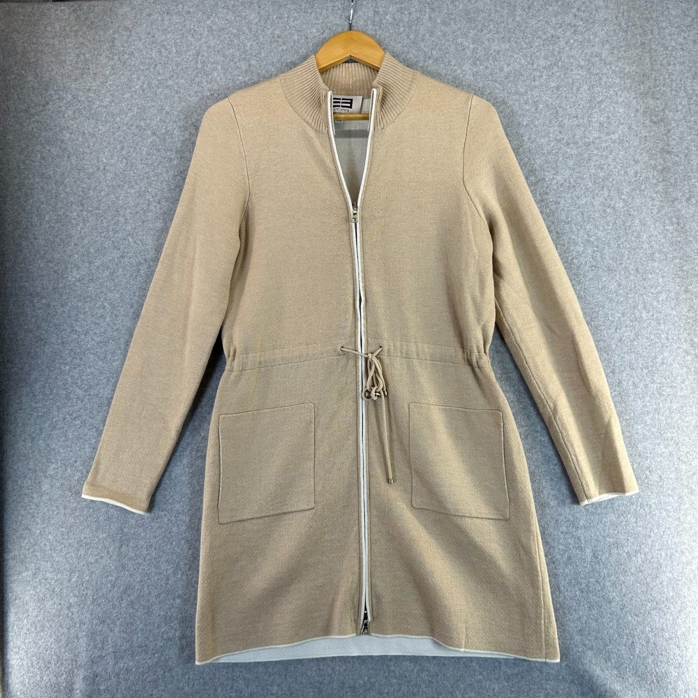 E3 by Etcetera Beige Tan Long Cardigan Knit Sweater Full Zip Womens Size Small